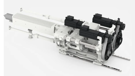 Synchron angeordnete Servomotoren 
Mit symmetrischer Einspritzung  und Korrekturfunktion von Abweichungen
Einspritzeinheit: 2250-12800 
